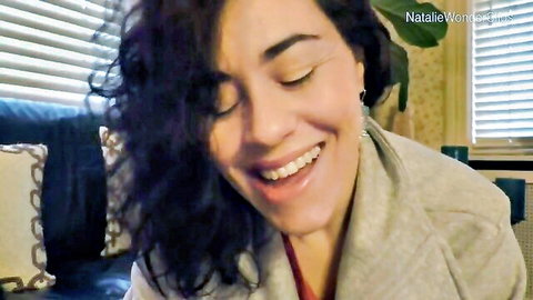 Natalie Wonder smiling seductively as hot MILF in gray cardigan