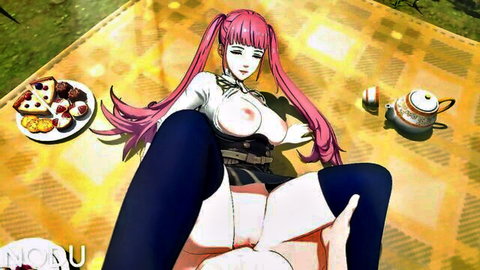 Hilda Valentine Goneril cosplay pink-haired anime girl riding cock with exposed big tits