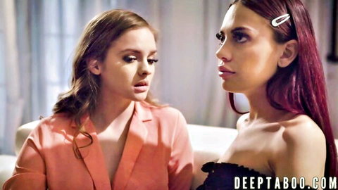 Sabina Rouge and Mary Moody in seductive lesbian chat, clothed tease