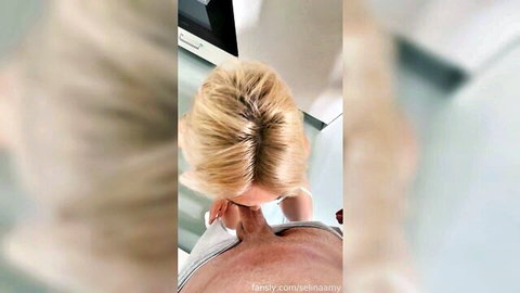 Blonde model Selina Amy performs intense BJ in close-up POV