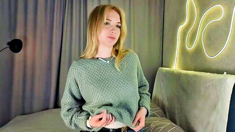 Evetteagner blonde teen in green sweater, sexy Chaturbate cam tease