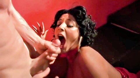 Romana Ryder intense blowjob with curly hair in red dress