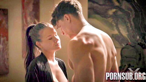 Brunette stepmom in open black robe seduces muscular stepson intimately