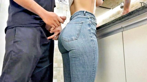 Hot maid in tight jeans bent over sink, man behind her in kitchen free use scene
