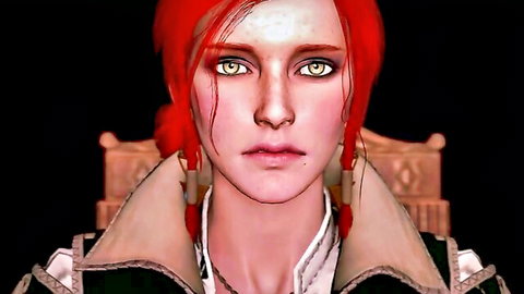 Triss Merigold redhead sorceress in low-cut blouse, seductive gaze