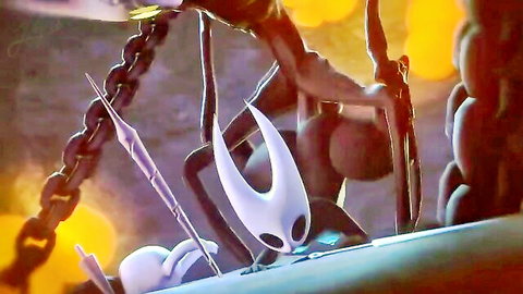 White masked hollow knight thrusting sharp nail into chained insect boss in glowing orange cave