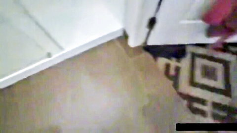 Red panties dropped on bathroom floor beside patterned rug and open door after taboo creampie fuck
