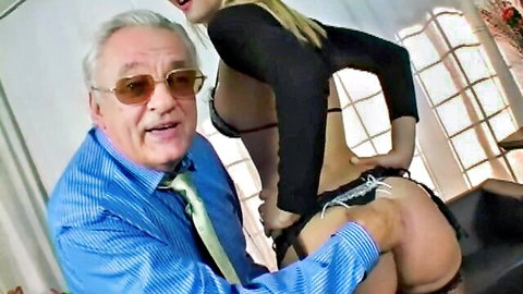 Older Italian man gropes blonde trans beauty's exposed ass in black lingerie