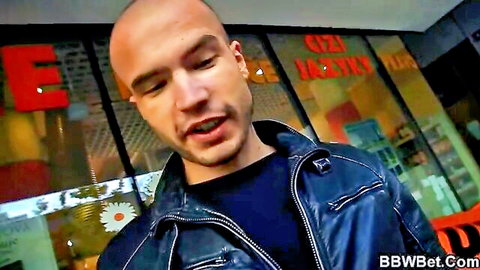 Bald hunk in leather jacket outside for BBW big butt ride pickup