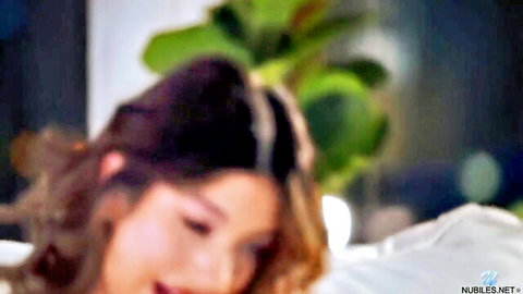 Camila's solo erotic passion, brunette smiling in bed