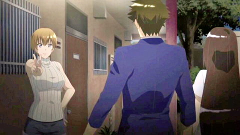 Blonde anime schoolgirl with big tits flashes peace sign in white blouse near suited guy and brunette outdoors