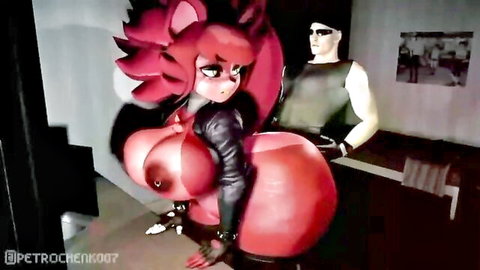 Busty red furry fox Fexa in open leather jacket, huge tits and ass exposed with muscular man