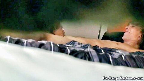 Brunette teen with long hair giving multiple handjobs in MMF threesome