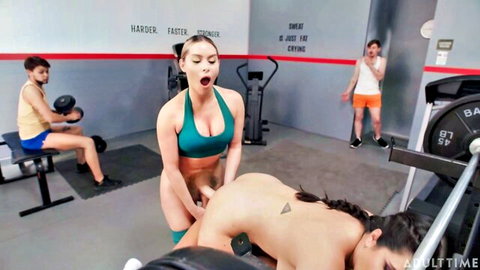 Futa gym babe in green sports bra dominating nude Asian girl's ass in workout