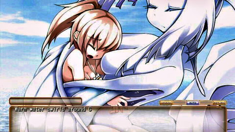 Blonde anime girl intimately hugged by white-haired hentai beauty with cleavage tease