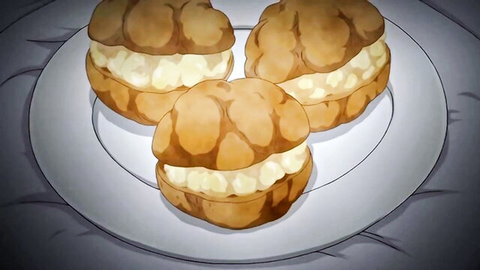 Three golden brown cream puffs with oozing white cream on a white plate in anime style