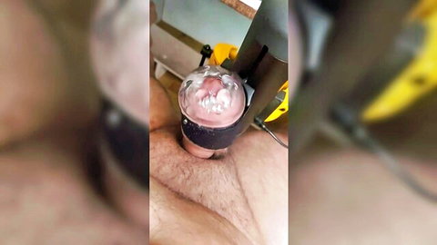 Hairy man ejaculates in transparent The Handy stroker with post-climax view