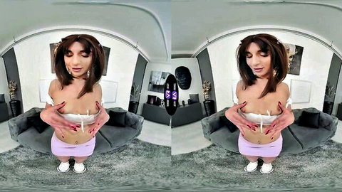 Lola Danger skinny teen exposing small tits and masturbating on sofa in VR