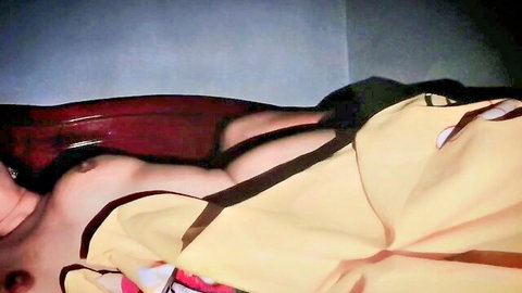 Brunette amateur exposing perky tits and ass on bed in yellow top and black panties