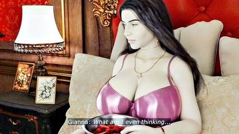 Gianna's massive tits in shiny pink bra as she holds strawberries thoughtfully on luxury bed