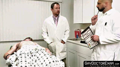 Doctors Marco Napoli and Jesse examine nude patient Max Lorde in gay medical fetish scene