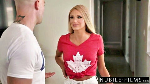 Emma Hix in sexy red Canadian flag shirt teases boyfriend in hallway