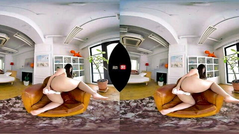 Nude Japanese babe spreads legs on leather couch fucking wet pussy with vibrator in VR solo