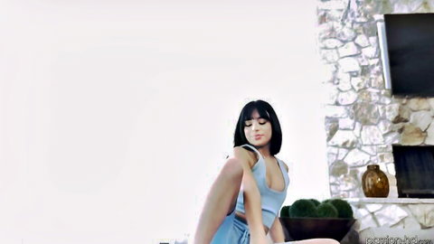 Aria Valencia slim Latina in blue lingerie seductive pose