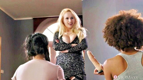 Busty blonde dominates naughty ebony and Asian babysitters with dildo