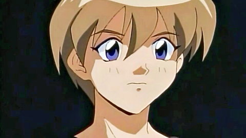 Blonde anime girl with blue eyes, short hair, exposing small breasts in intense expression