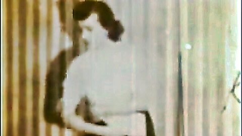 Vintage brunette maid smiling seductively in sheer blouse showing medium tits