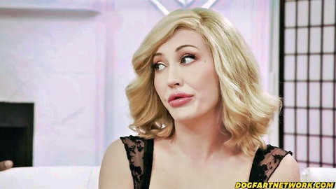 Blonde in black lace top, behind the scenes on Dogfart Network