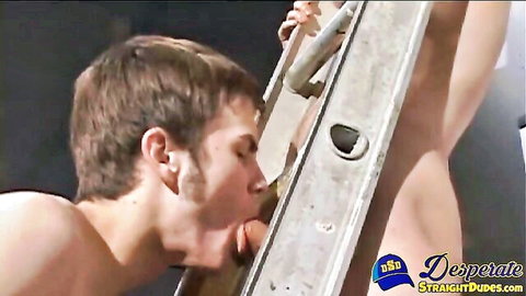 Blake Holden kneels naked kissing Carter Bentley's thigh in gay threesome preview