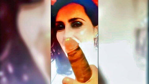 Busty MILF with glossy lips sucking thick veiny uncut cock closeup