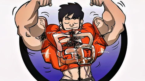 Anime-style muscular man flexing arms, exposed internals with fluids in growth fetish vignette