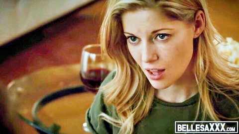 Charlotte Stokely blonde in sensual wine sip, teasing gaze