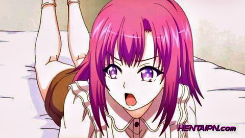 Pink-haired hentai girl spreading legs wide on bed with skirt hiked up and open shirt moaning in surprise