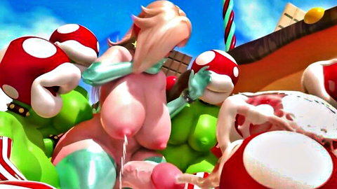 Princess Peach parody in gangbang with Goombas, nude bukkake scene