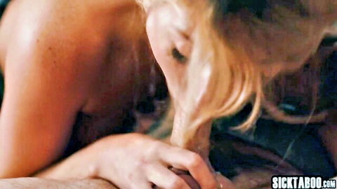 Blonde babe with ecstatic orgasm face and nude shoulders during intense steamy sex