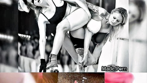 Two athletic blonde women in roller derby lift pose, tattoos and skates