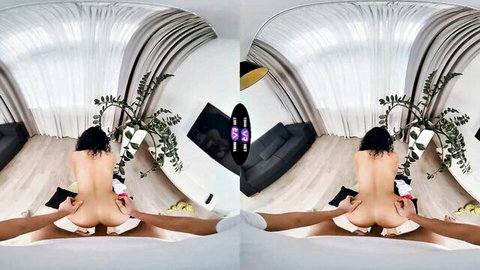 Curly brunette Mini Mitzi in VR doggy style, nude ass spread wide