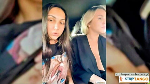 Brunette and blonde hotties teasing with cleavage in car backseat