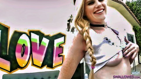 Blonde Melody Foxx smiles teasingly in cropped top, Swallowed scene