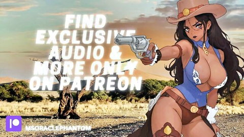 Curvy ebony cowgirl bandit in sexy blue outfit, hat and gun pose
