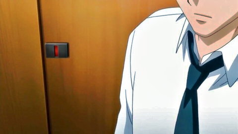 Anime male in white shirt and green tie by wooden door in family restaurant scene