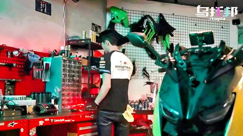 Cute fiancée Melody Marks in mechanic garage scene with motorcycles