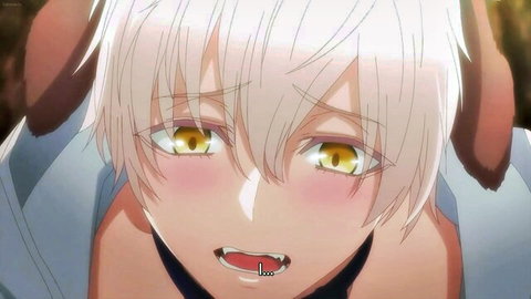 Blushing anime dog-eared boy with yellow eyes sticks out tongue in ahegao ecstasy