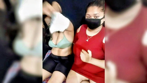 Mehbuba in green bra and black shorts with friend in red dress, Indian duo tease on Stripchat
