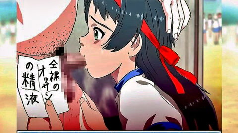 Anime schoolgirl with black hair and red ribbon giving blowjob on beach