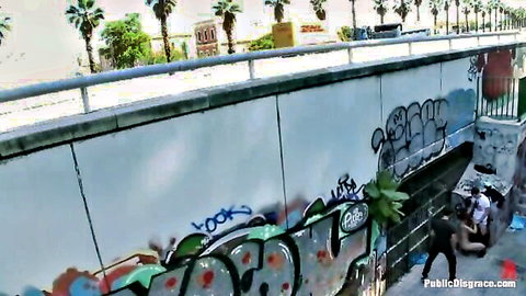 Man roughly fucking blonde bent over against graffiti wall in public street sex